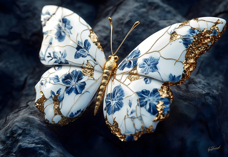 Glasbild «Schmetterling blau/weiss» 160 × 110 cm