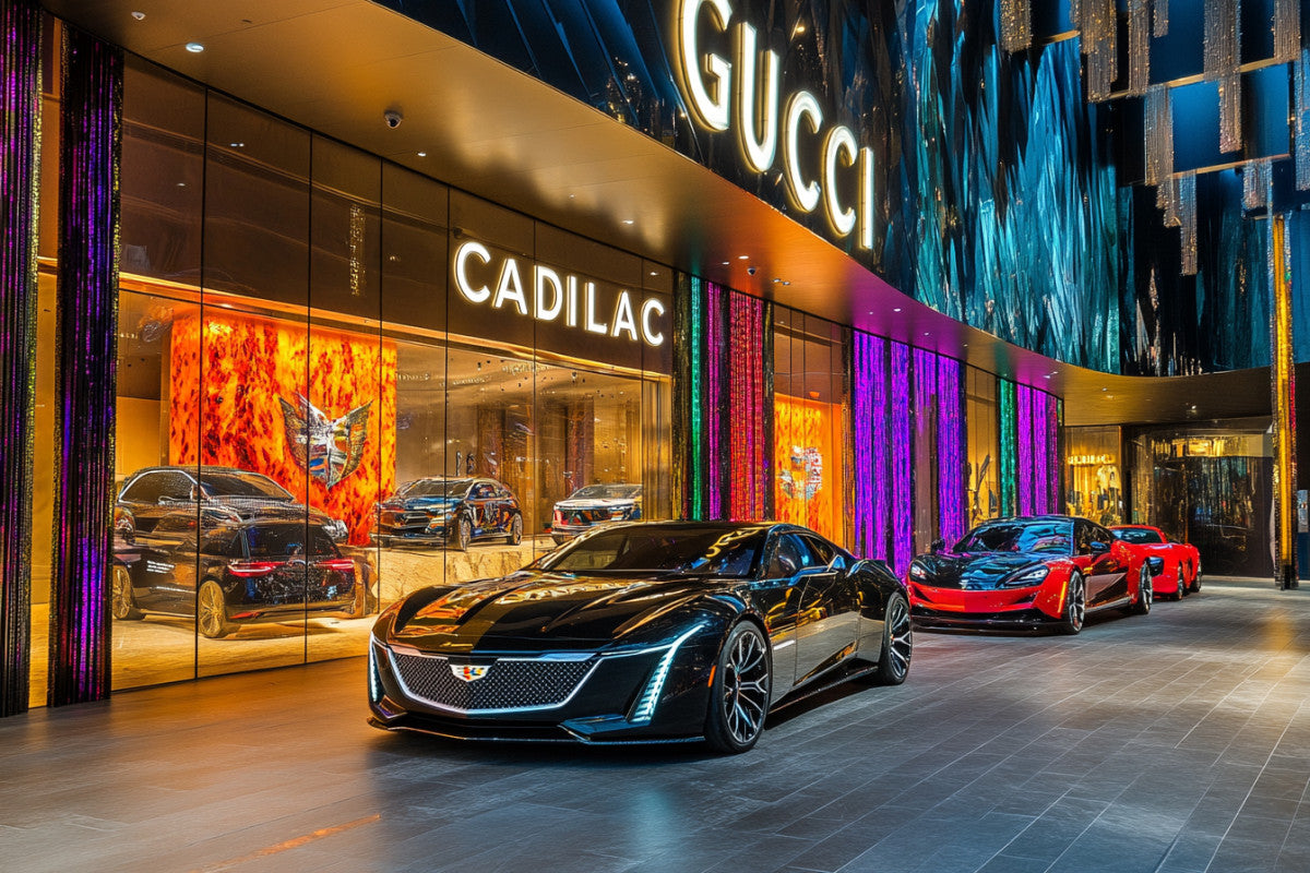 Glasbild «Sportwagen im Einkaufszentrum» 120 × 80 cm