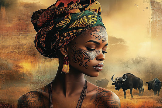 Glasschilderij 120x80cm Vrouw met buffel