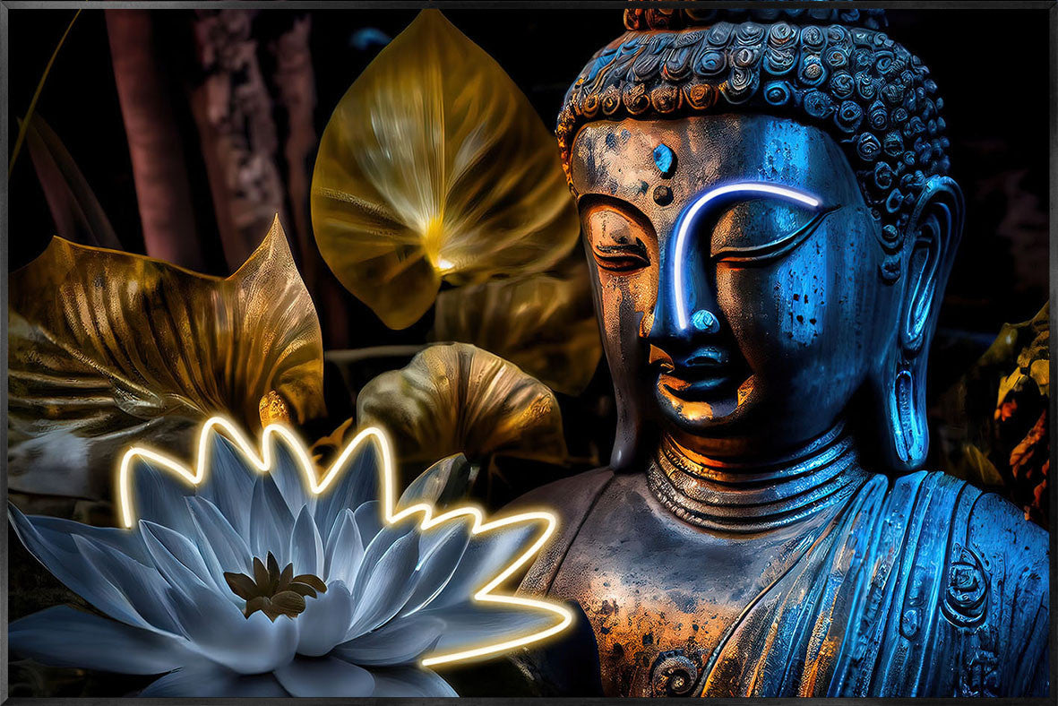 Glasbild «Buddha» 120 × 80 cm – mit LED & Rahmen