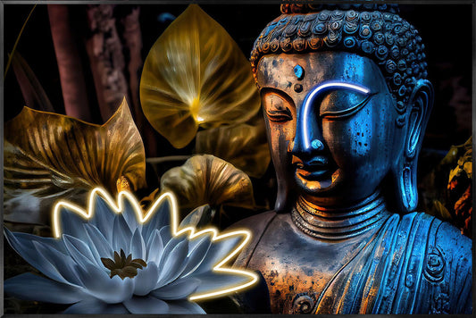 Glasbild «Buddha» 120 × 80 cm – mit LED & Rahmen