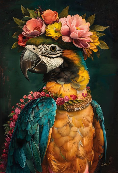 Glasbild «Ara mit Blumenschmuck» 110 × 160 cm