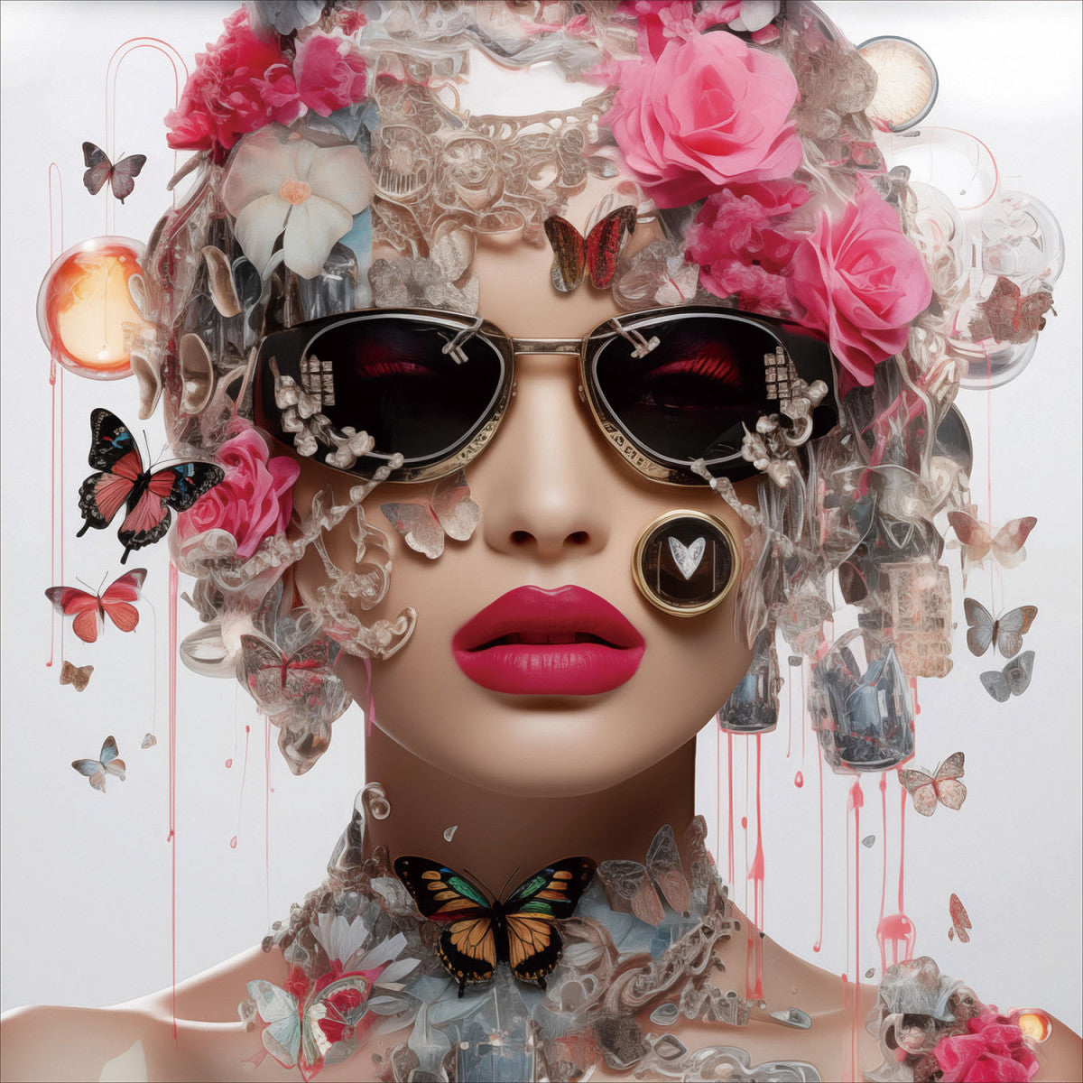 Glasbild «Frau mit rosa Blumen und Schmetterlingen» 80 × 80 cm