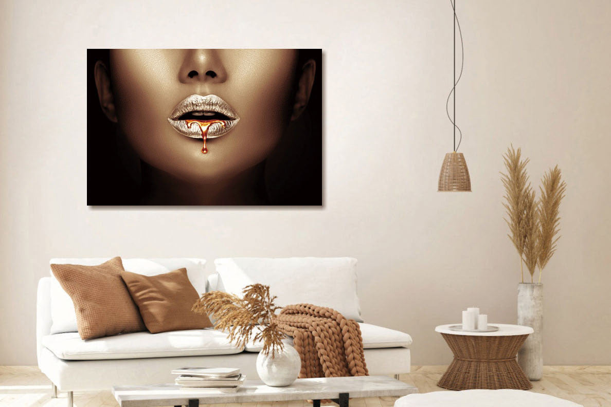 Glasbild 120x80cm Silber mit goldenen Lippen