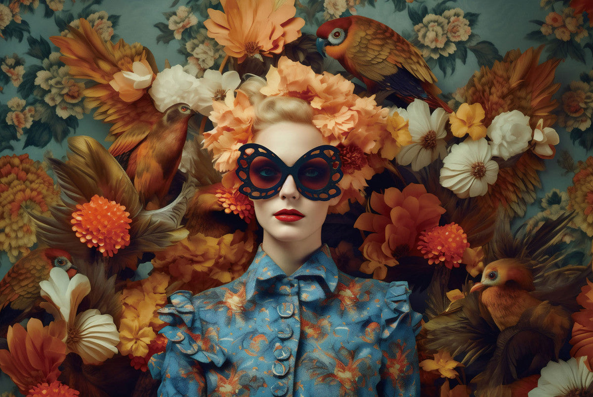 Glasschilderij 120x80cm Dame met vlinderbril