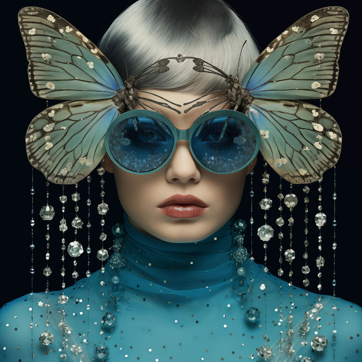 Glasbild «Frau mit blauen Schmetterlingen und Brille» 80 × 80 cm