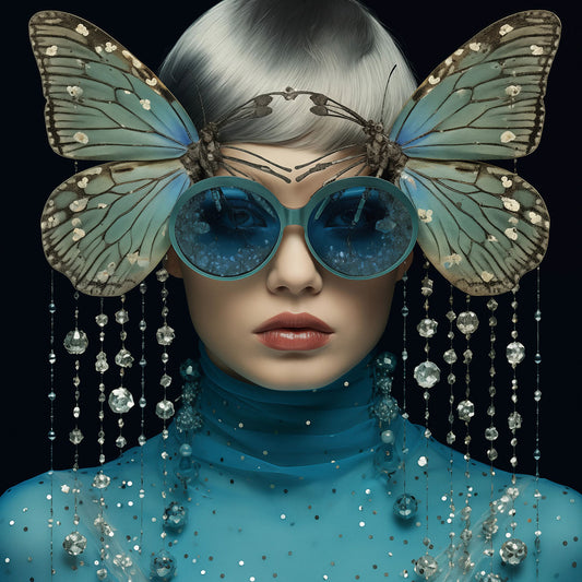 Glasbild «Frau mit blauen Schmetterlingen und Brille» 80 × 80 cm