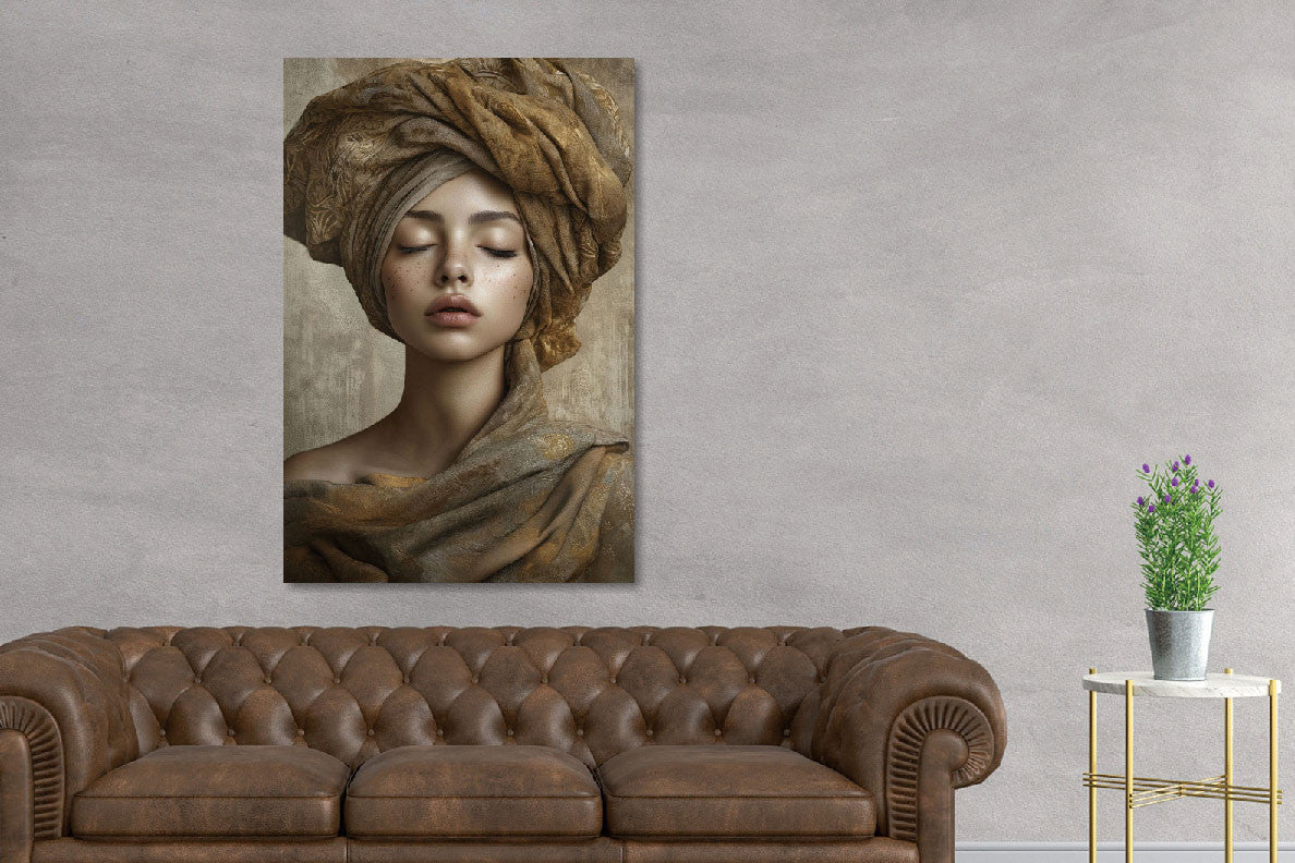 Glasbild «Frau in braunem Tuch» 80 × 120 cm – Ansicht 2