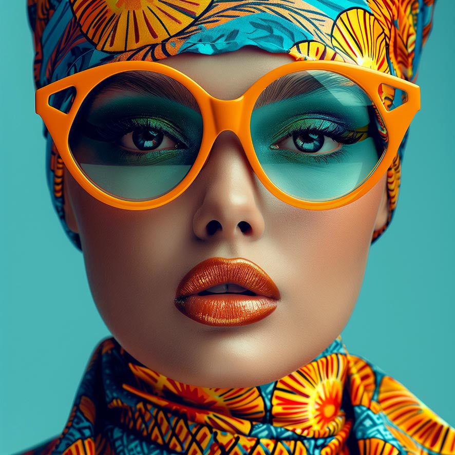 Glasschilderij 80x80cm Vrouw met blauwe glazen