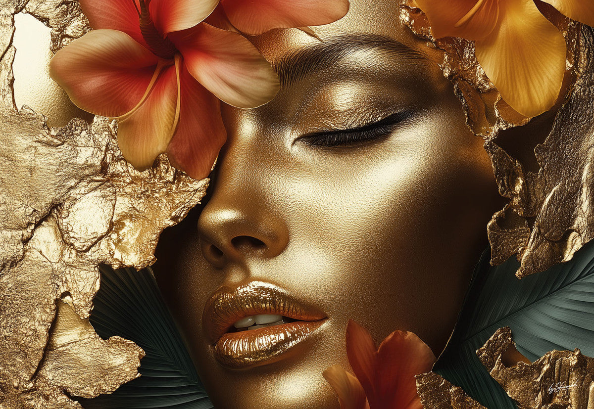 Glasschilderij 160x110cm Gouden vrouw in setting