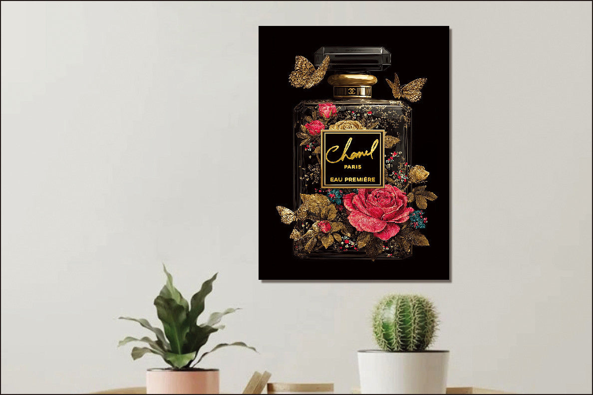 Glasbild «Flakon mit Rosen und Schmetterlingen» 60 × 80 cm – Goldfolie – Ansicht 2