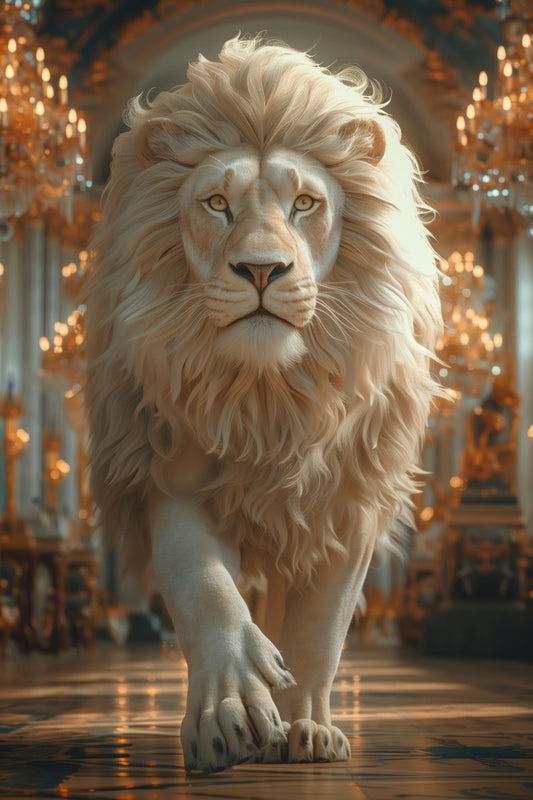 Glasschilderij 80x120cm Witte leeuw in paleis