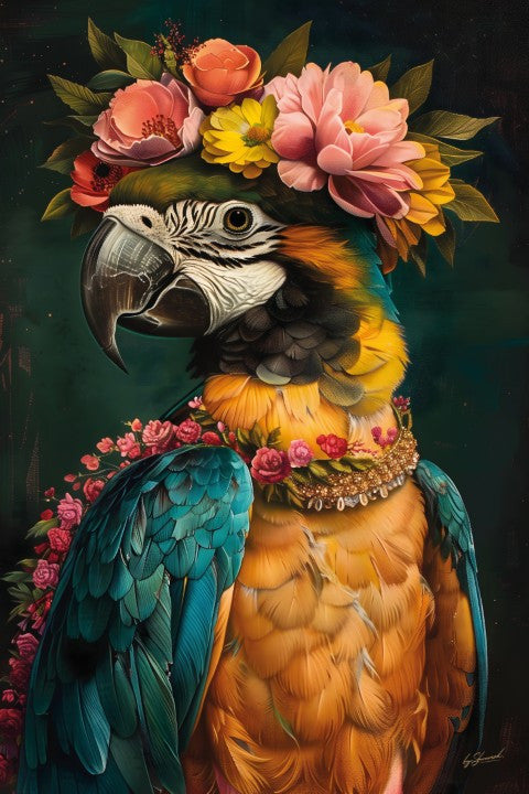 Glasbild «Ara mit Blumen» 80 × 120 cm