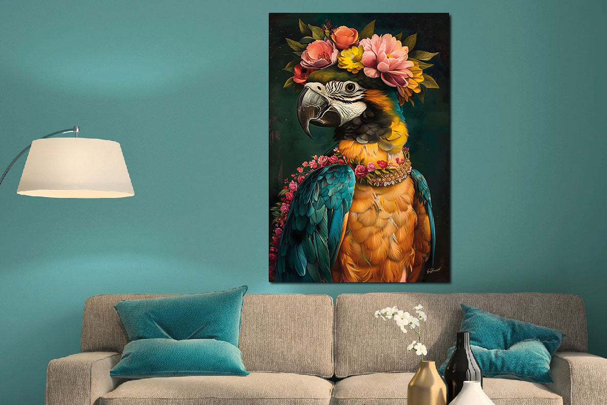 Glasbild «Ara mit Blumen» 80 × 120 cm – Ansicht 2