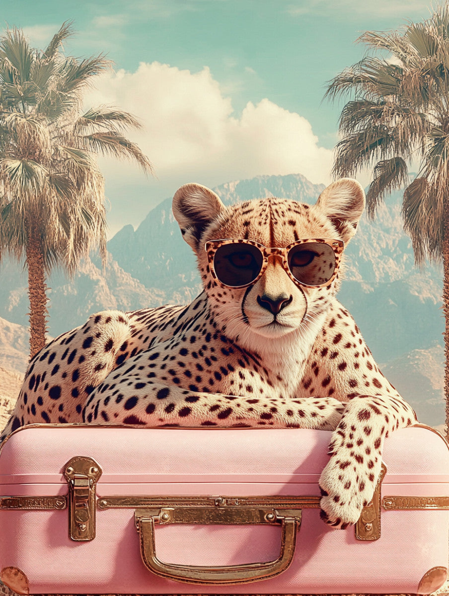 Glasbild «Panther mit pinkem Koffer am Strand» 120 × 80 cm