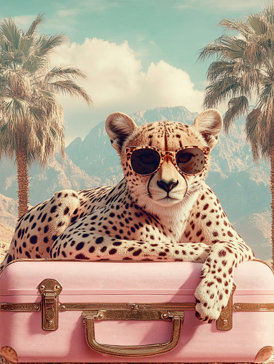 Glasbild «Panther mit pinkem Koffer am Strand» 120 × 80 cm
