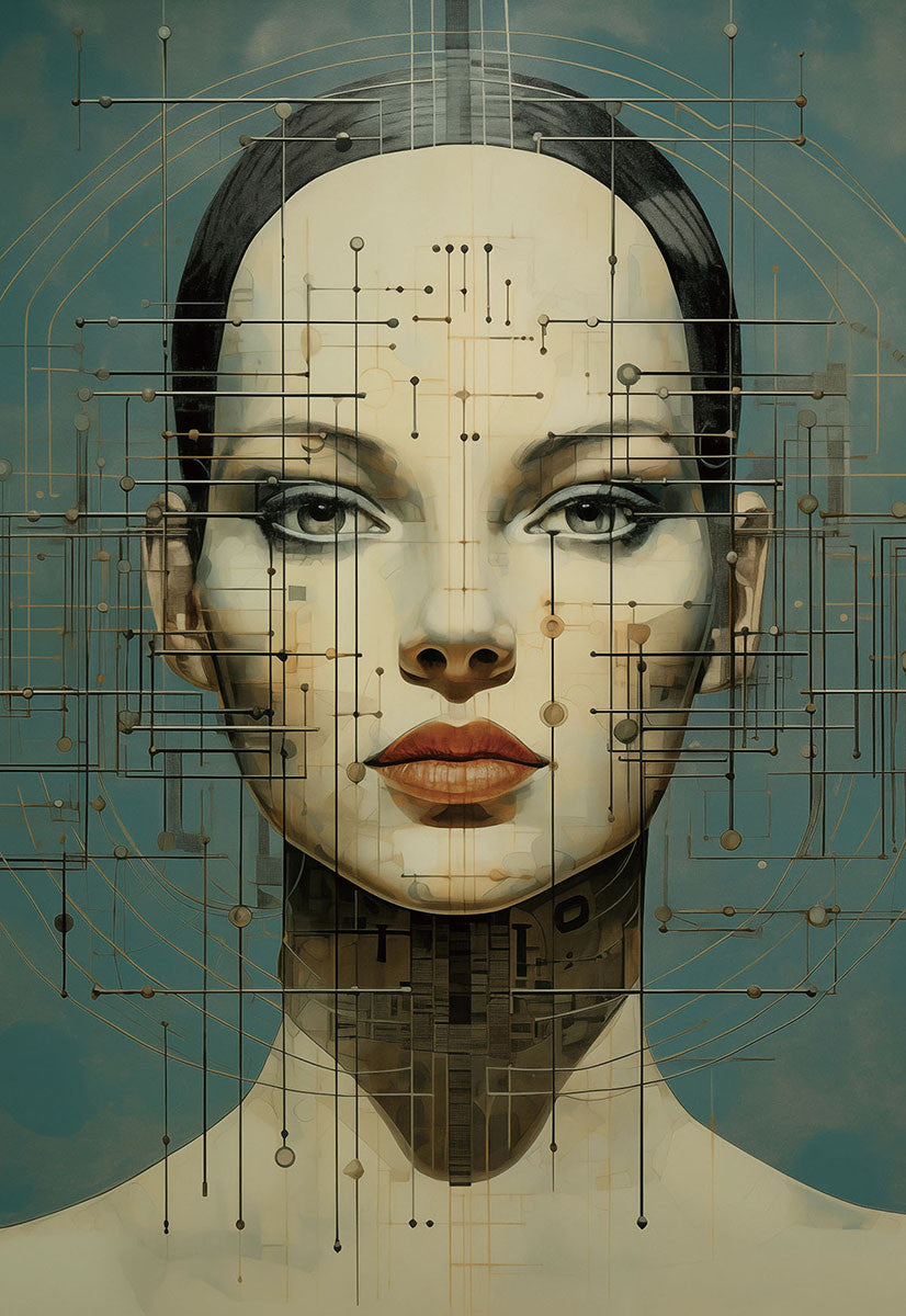 Glasbild «Gezeichnete Frau mit Streifen» 110 × 160 cm – 3D-Relief